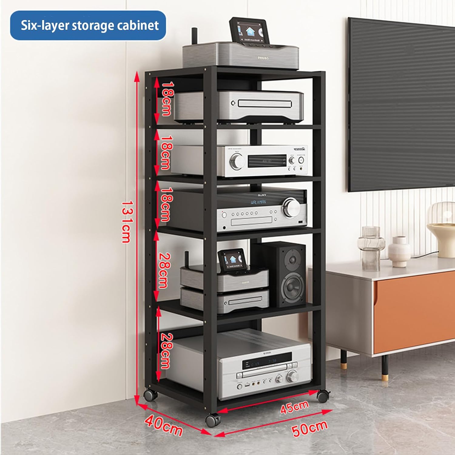 record standAV Media Stand 5/6/7/8 Tier Movable Record Player DVD CD Audio Rack Tower Holder, Adjustable Media Storage Cabinet, Equipment Console Shelf for Home Office Theater,6th floor
