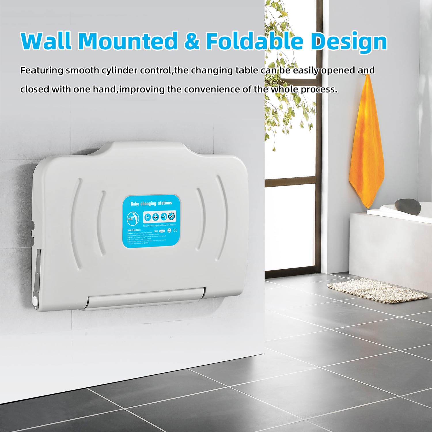 Horizontal Baby Changing Station, Wall Mounted HDPE Fold-Down Diaper Changing Table for Commercial Bathrooms, Daycare, Restaurants & Hotels, Safety Strap, 2 Liner Dispensers, White Granite