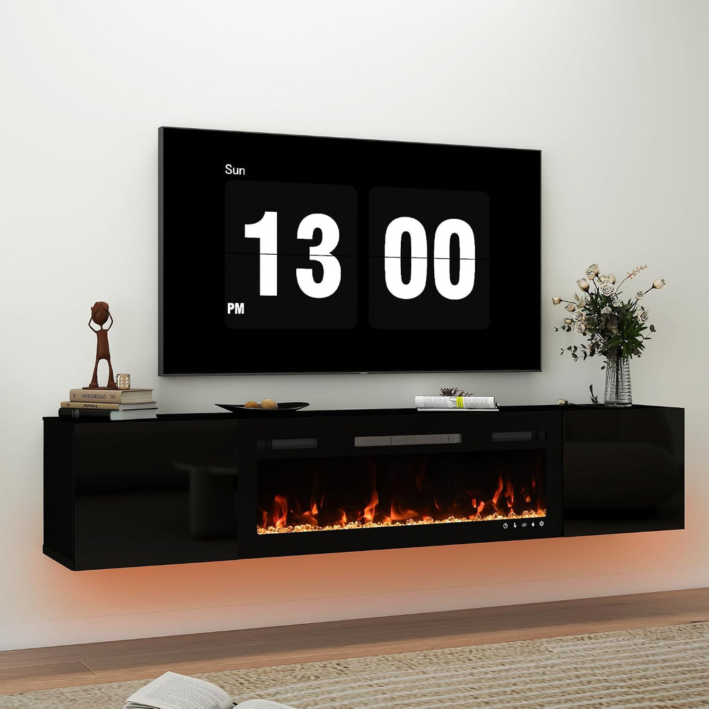 Real Relax 80' Floating TV Stand with 40' Electric Fireplace, Wall Mounted Entertainment Center with Storage, Remote Control, Modern LED Lights Fireplace TV Console for TVs Up to 90', All Black