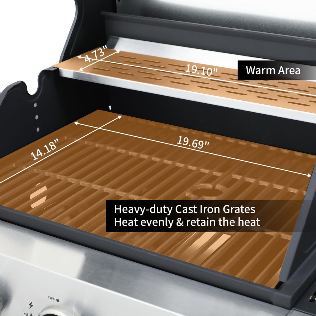 3 Burner Propane Gas Grill, Outdoor BBQ Grill with Side Burner, Barbecue Grill with Cast Iron Grate, Outdoor Gas Grill Cabinet Style Storage, 39000 BTU