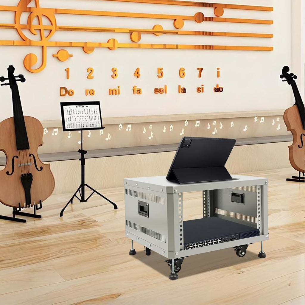 6U AV Rack with Wheels, Metal Studio Cabinet with Cable Ports, 22.4' x 19.8' x 15.1', Portable Home Studio Racks, Floor Standing Server Cabinet for Amplifiers, AV Equipment, Computers