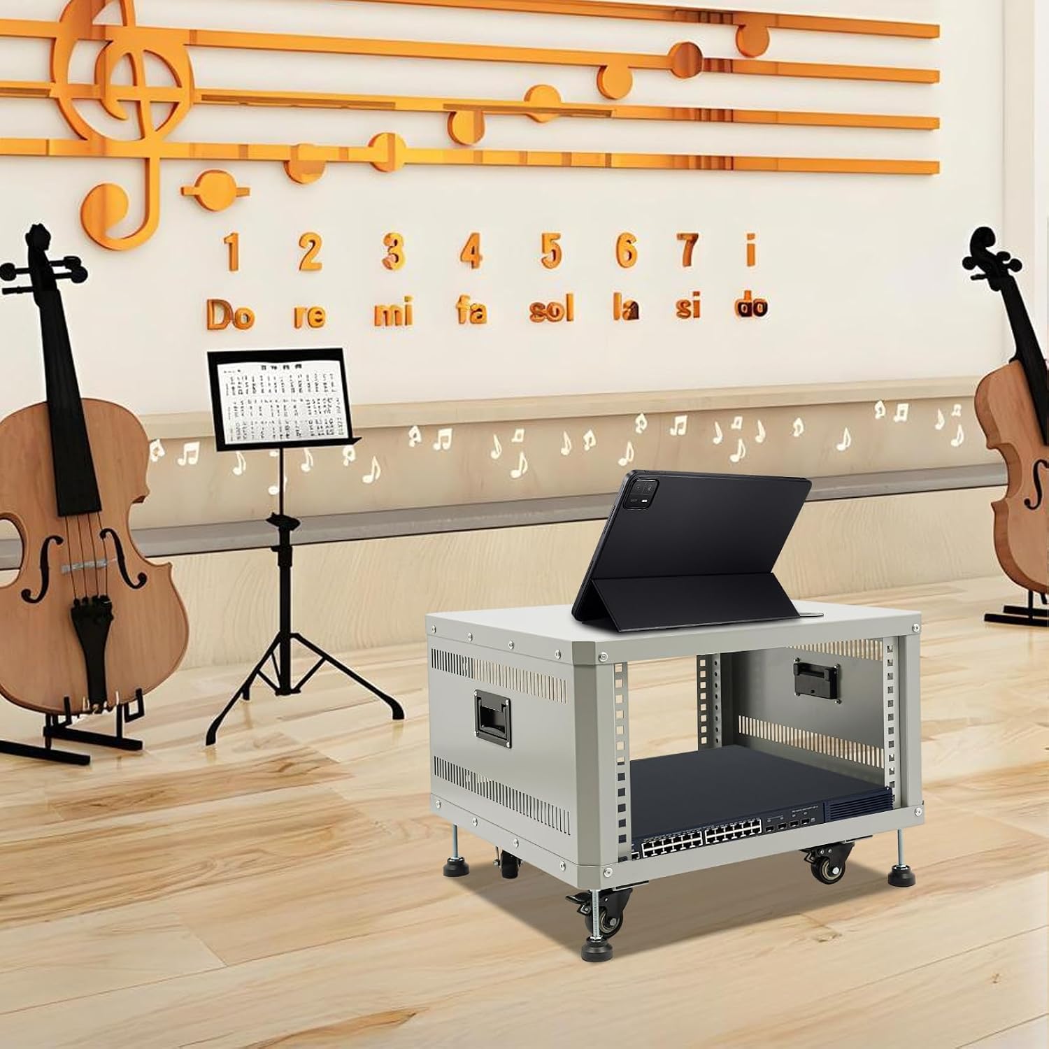 6U AV Rack with Wheels, Metal Studio Cabinet with Cable Ports, 22.4' x 19.8' x 15.1', Portable Home Studio Racks, Floor Standing Server Cabinet for Amplifiers, AV Equipment, Computers
