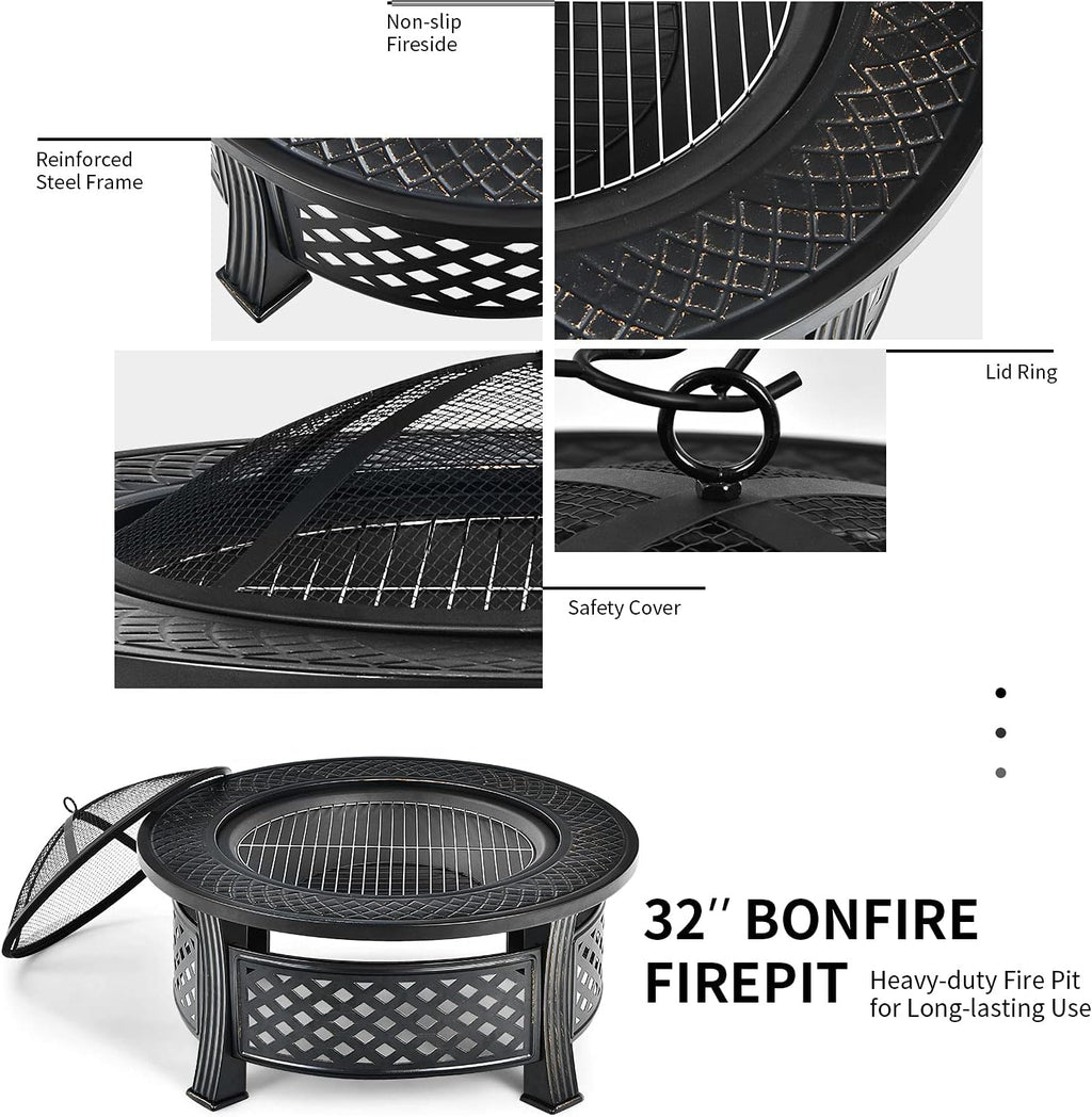 Giantex 3 in 1 Fire Pit, 32' Outdoor Wood Burning Fire Pit, Multifunctional Round Firepit Stove, Metal Fire Bowl with Cover, Portable Fire Pits for Outside Heating, Bonfire, Picnic, Grill