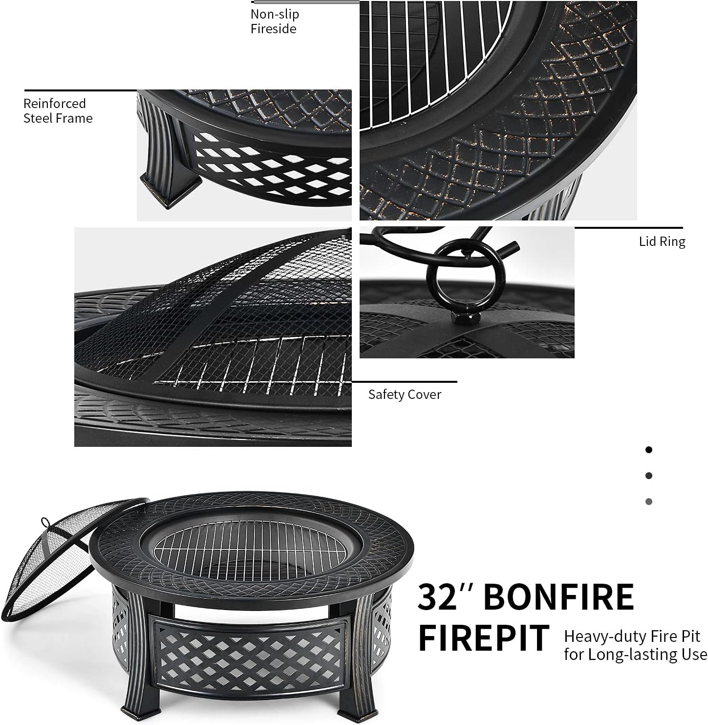 Giantex 3 in 1 Fire Pit, 32' Outdoor Wood Burning Fire Pit, Multifunctional Round Firepit Stove, Metal Fire Bowl with Cover, Portable Fire Pits for Outside Heating, Bonfire, Picnic, Grill
