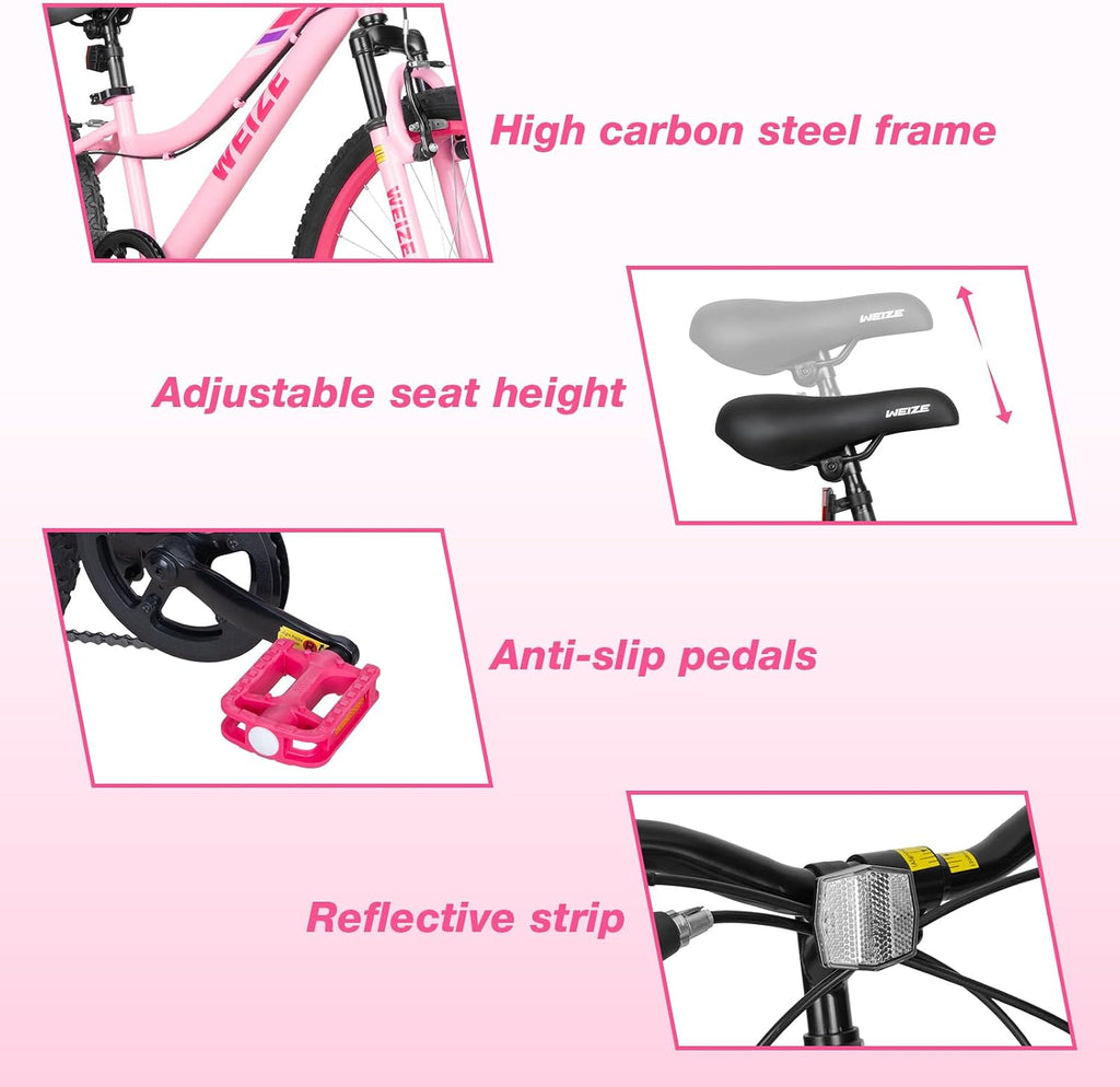 WEIZE 20 24 Inch Kids Mountain Bike,Kids Bike for Girls Age 6-14 Year Old,6 Speed Kid Bicycle with Front Suspension Fork,Adjustable Seat Height,High-Carbon Steel Frame,Ideal for Girl Adventurers