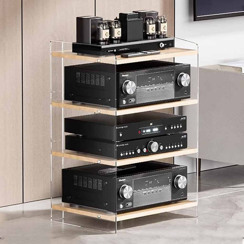 Acrylic Media Stand, Audio Rack Shelf, Stereo Cabinet with Adjustable Shelves, High Border Media Storage Cabinet, Audio Component Rack Tower Media Stereo Stand Equipment Shelves(Clear+Log,4-