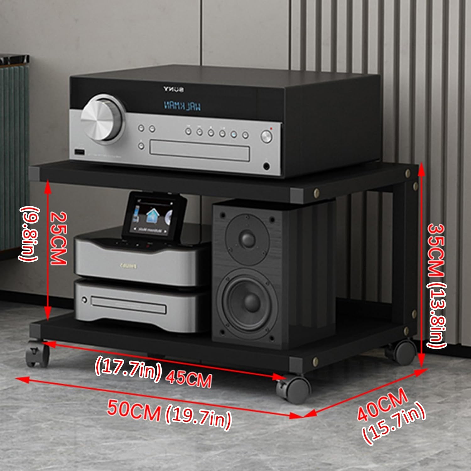 Stereo Stand Modern with Wheels Audio-Video Media Stand Design AV Media Stand Audio Rack Tower for Record Player Wooden Stereo Cabinet Audio Rack Tower for Living Gaming Recording Room(Deep black,50x4