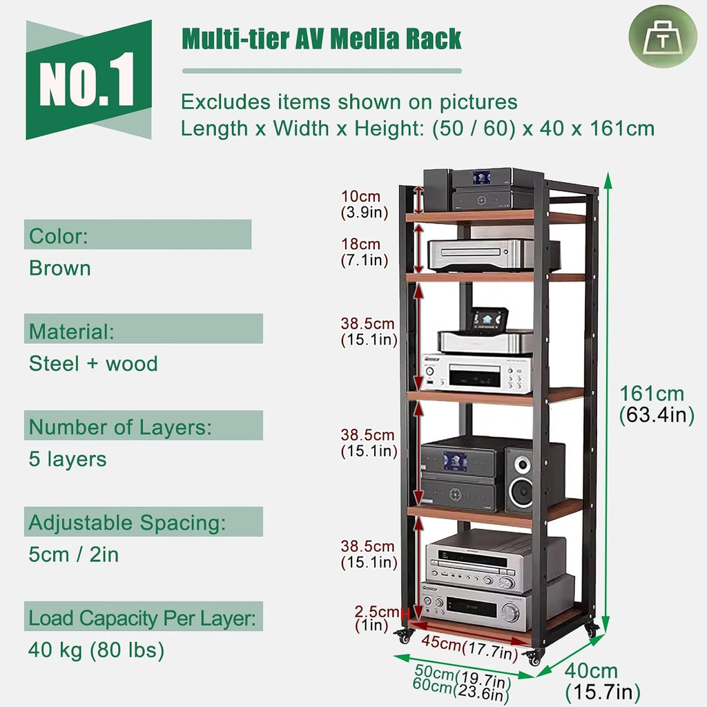 Av Media Stand Heavy Duty 5 6 7 8 Tier Storage - Audio Rack Shelf Bracket Wooden - Stereo Cabinet On Wheels - Audio Equipment Rolling Cart Tier 60 inch(W50cm-5 Tier)