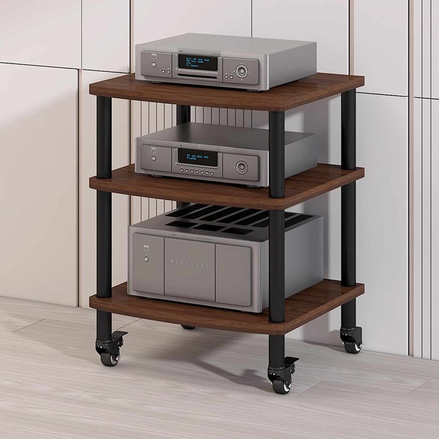 2/3/4-Tier Walnut AV Media Stand for Record Players & Vinyl Storage, Wooden Stereo Cabinet & Audio Rack Tower for Gaming & Entertainment Systems
