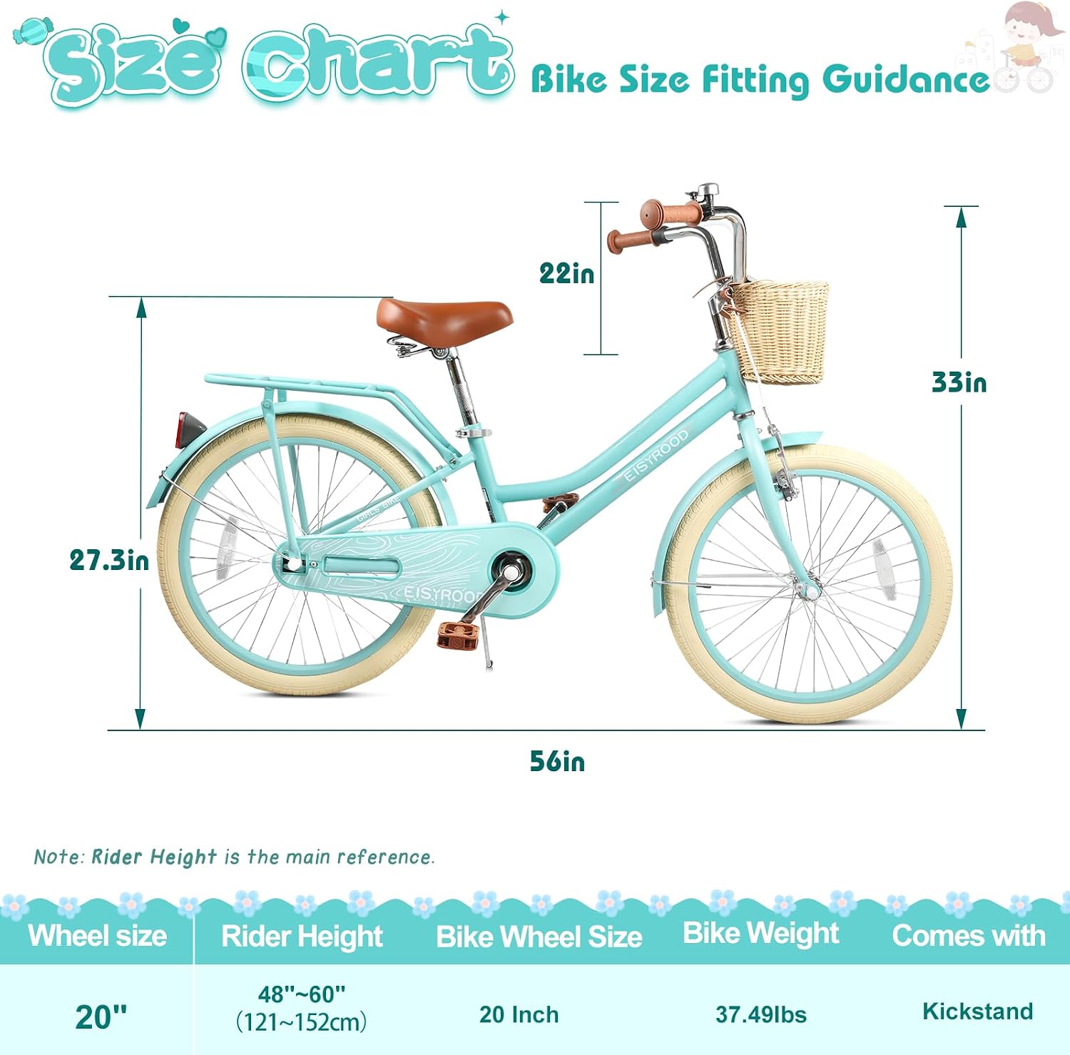 20 Inch Girls Bike, Single Speed Kids' Bicycles with Basket and Kickstand, Kids Beach Cruiser Bike for Girls, Adjustable Seat, Multiple Colors
