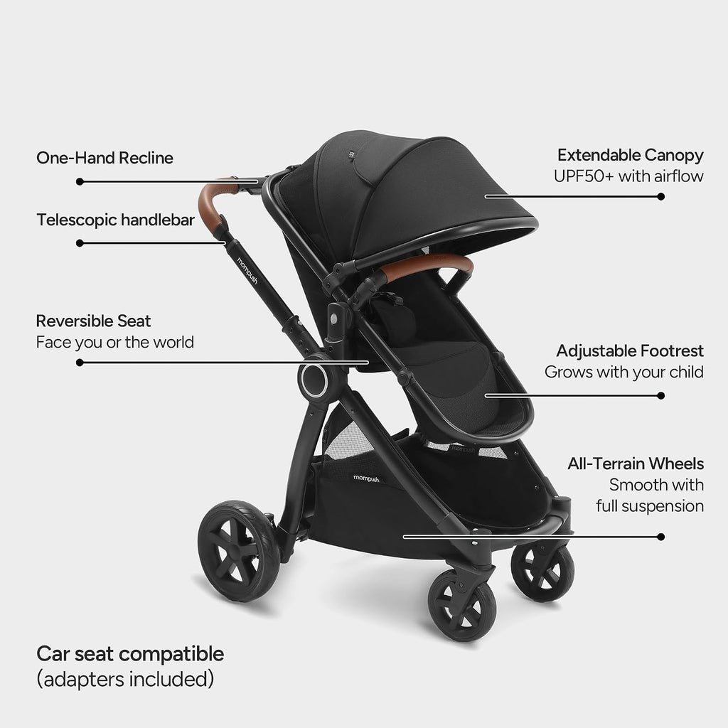 Mompush Ultimate2 Baby Stroller, Premium Convertible Full-Size Stroller for Toddler, Reversible Seat with One Hand Recline Adjustment, Car Seat Adapter Included