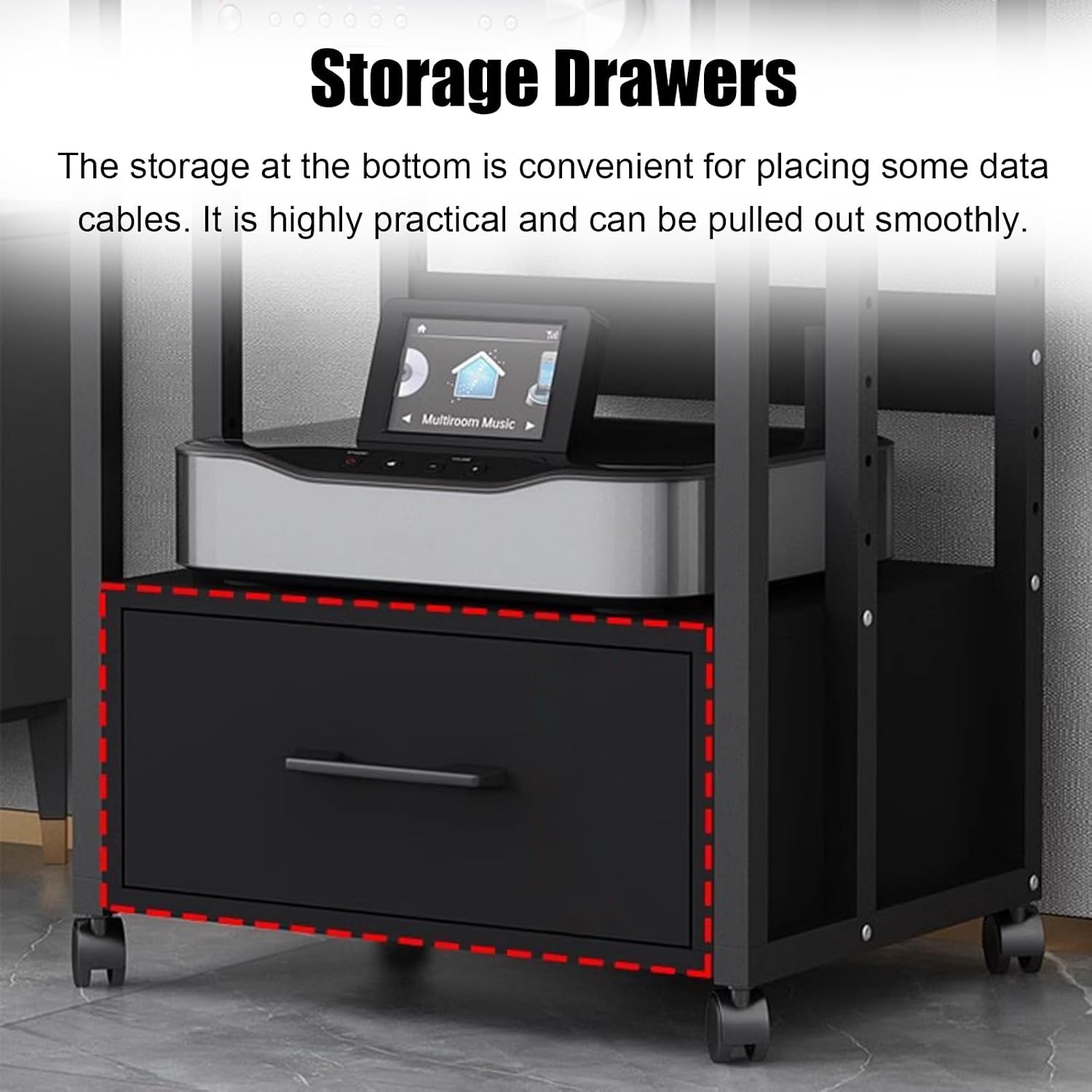 WDJBPSH Mobile Audio Media Rack on Wheels, Portable Video Entertainment Equipment Storage Holder with Height-Adjustable Shelf, Office Bedroom Living Room Organizer(Size:2 Tier/H 58.5cm- with Drawer)