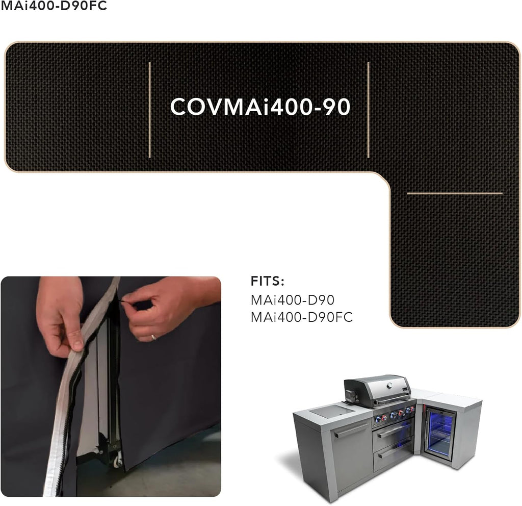 Mont Alpi 400 COVMAi400-90 L-Shaped 4-Burner Heavy Duty All Weather Water Resistant 82' x 50' Full Black Grill Cover for MAi400-D90 and MAi400-D90FC Stainless Steel Modular Outdoor Kitchen BBQ Islands