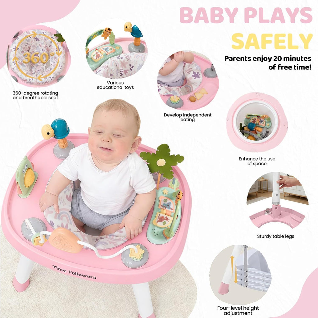 Time Followers® 6-in-1 Baby Activity Center | 4 Stage Montessori-Inspired Toys | Grow Stationary Standing Toddler Table | Jumpers & Bouncers | Must Have for Boy & Girl 6, 12, 24+ Month Old (Pink)