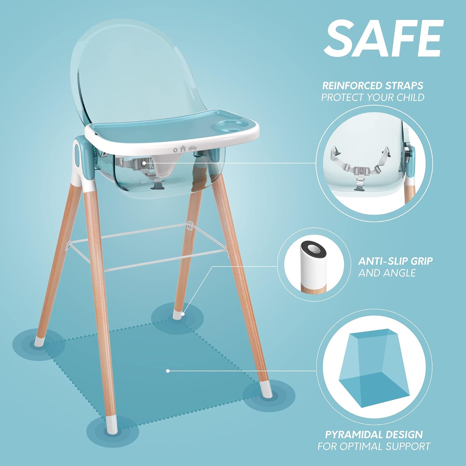 6 in 1 Deluxe Wooden High Chair for Babies & Toddlers, Modern Safe & Compact Baby Highchair, Easy to Clean & Assemble, Removable Tray, 6 Options 3 Seat Positions 2 Heights (Blue)