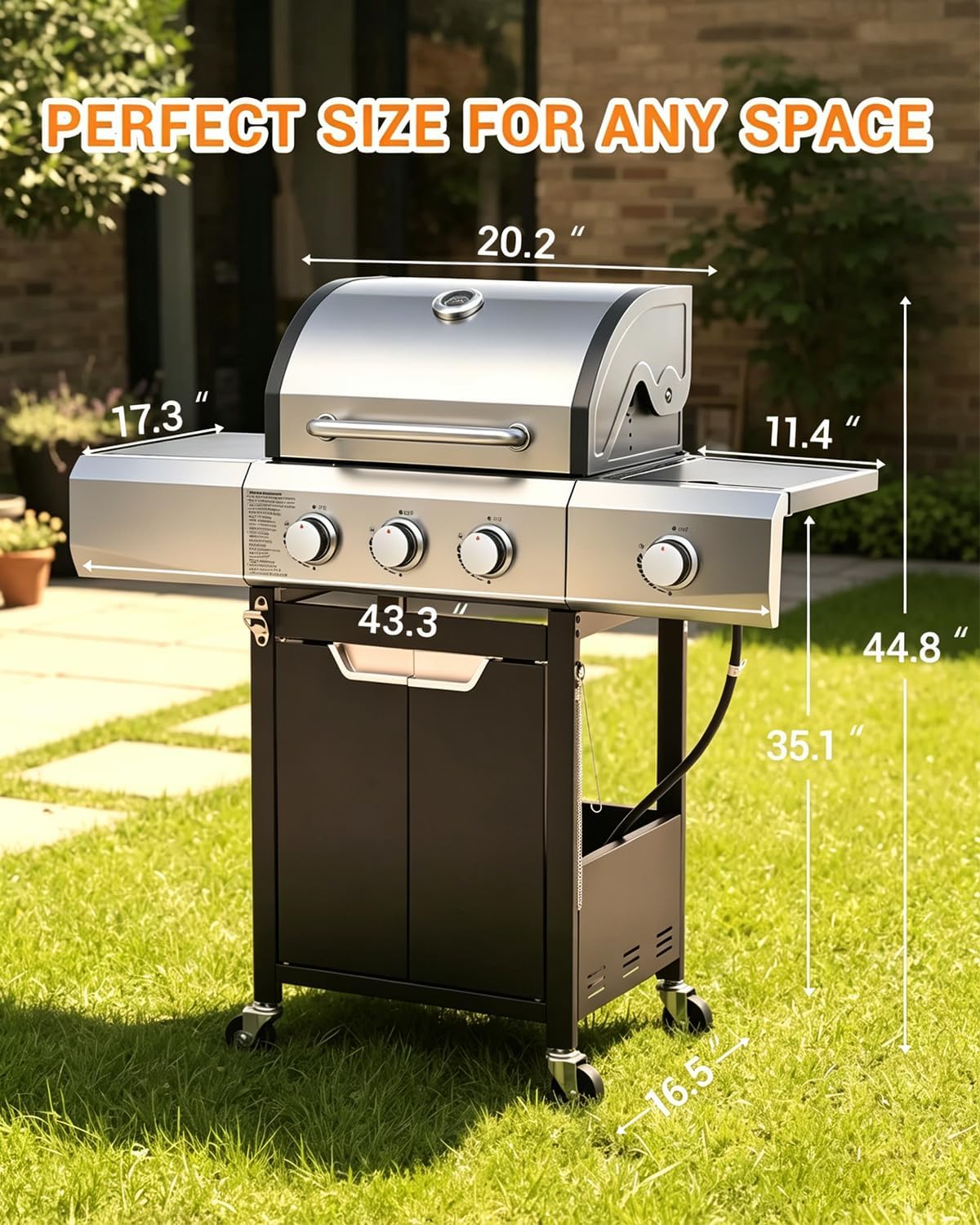 EUHOME 40,500 BTU 3-Burner Propane Gas Grill with Side Burner, Stainless Steel Outdoor BBQ Grill with 380 sq.in Cooking Space, 4 Swivel Casters & Cast Iron Grates for Patio Backyard Garden