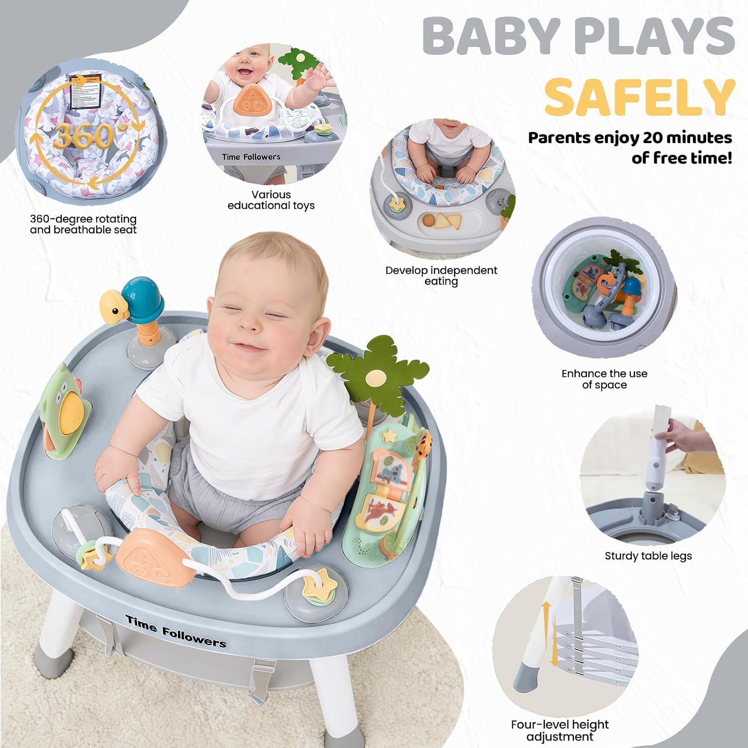 Time Followers® 6-in-1 Baby Activity Center | 4 Stage Montessori-Inspired Toys | Grow Stationary Standing Toddler Table | Jumpers & Bouncers | Must Have for Boy & Girl 6, 12, 24+ Month Old (Grey)