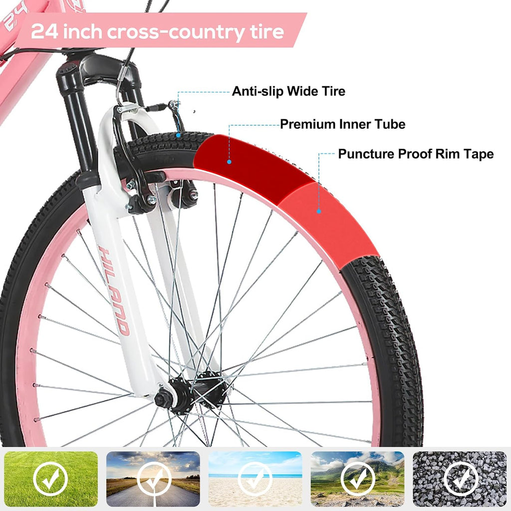 HILAND 24 Inch Kids Bike for Boy Girl Age 7-15 Year Old, Youth Mountain Bike, 7-Speed Kid's MTB Bicycles, Pink