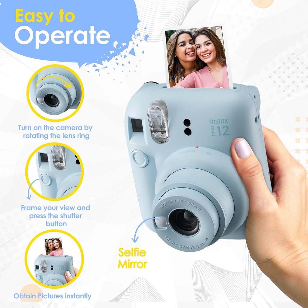 Fujifilm Instax Mini 12 Instant Camera Clay White and Fuji Film Value Pack (60 Sheets) Bundle with Sturdy Tiger Accessories, Carrying Case, Photo Album 64 Pockets