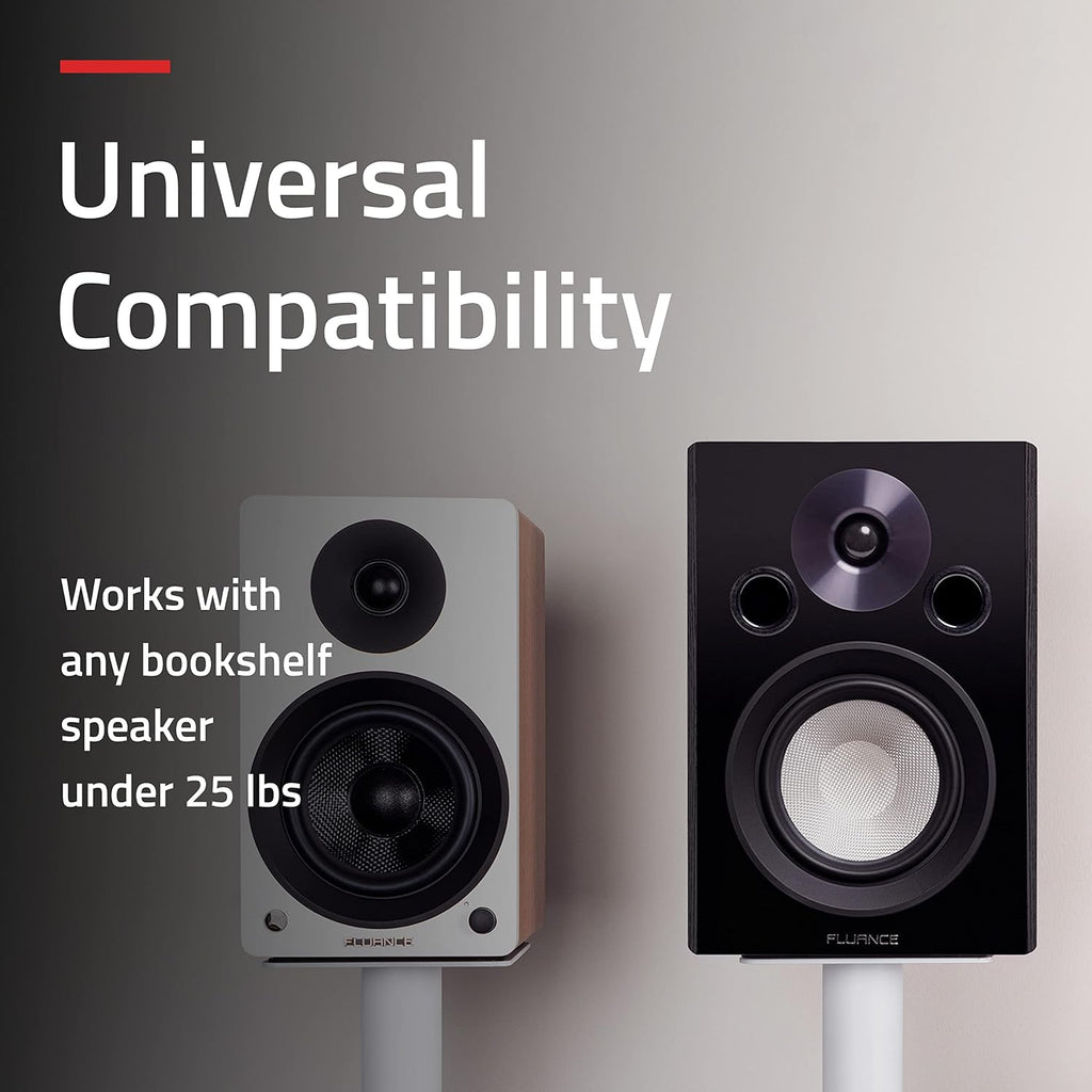 Fluance Floor Speaker Stands for Surround Sound and Bookshelf Speakers with Solid Construction, Adjustable Floor Spikes, Rubber Isolation Feet, Cable Management, Square Base - Matte White/Pair SS05SWH