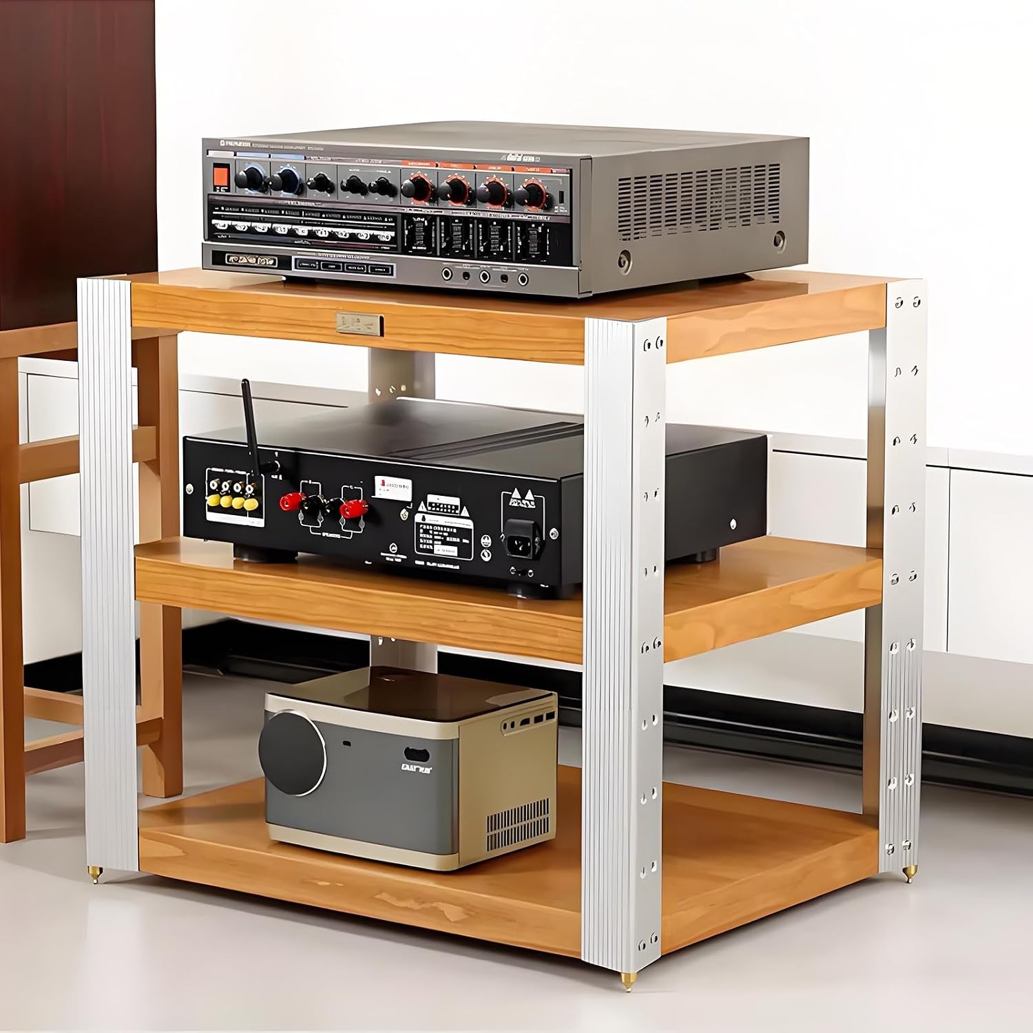 2/3/4-layer Media Stand, HiFi Media Storage Cabinet, Solid Wood TV Stand, Audio Rack with Shock-Absorbing Feet Power Amplifier Shelf Equipment Cabinet(24.6'x18.7'x22.6')