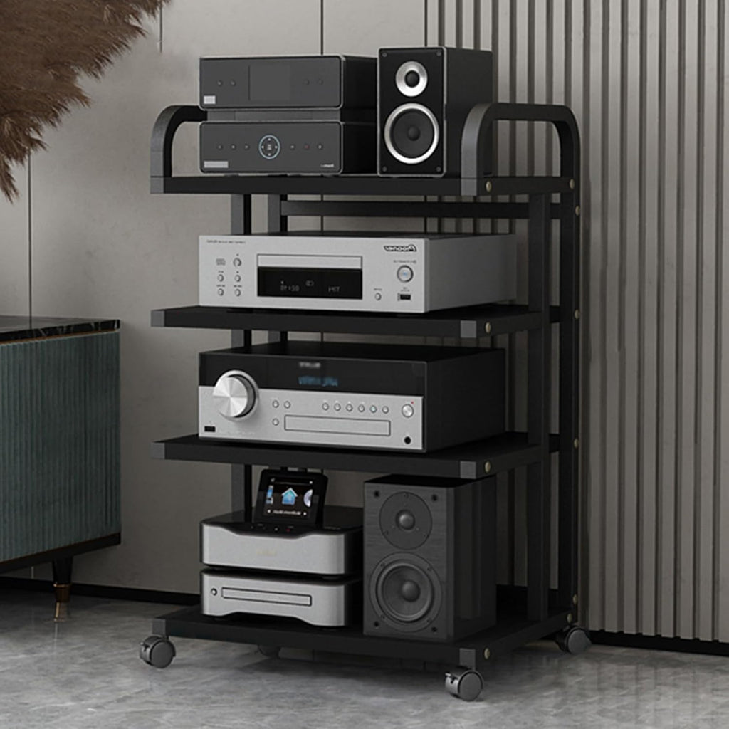 Black Record Player Shelf Movable, Media Stand DVD Audio Rack Floorstanding 3 4 5 Tier Component Storage Holder, Living Room Game Equipment Cabinet(Color:4 Tier 50x40x85.5cm)