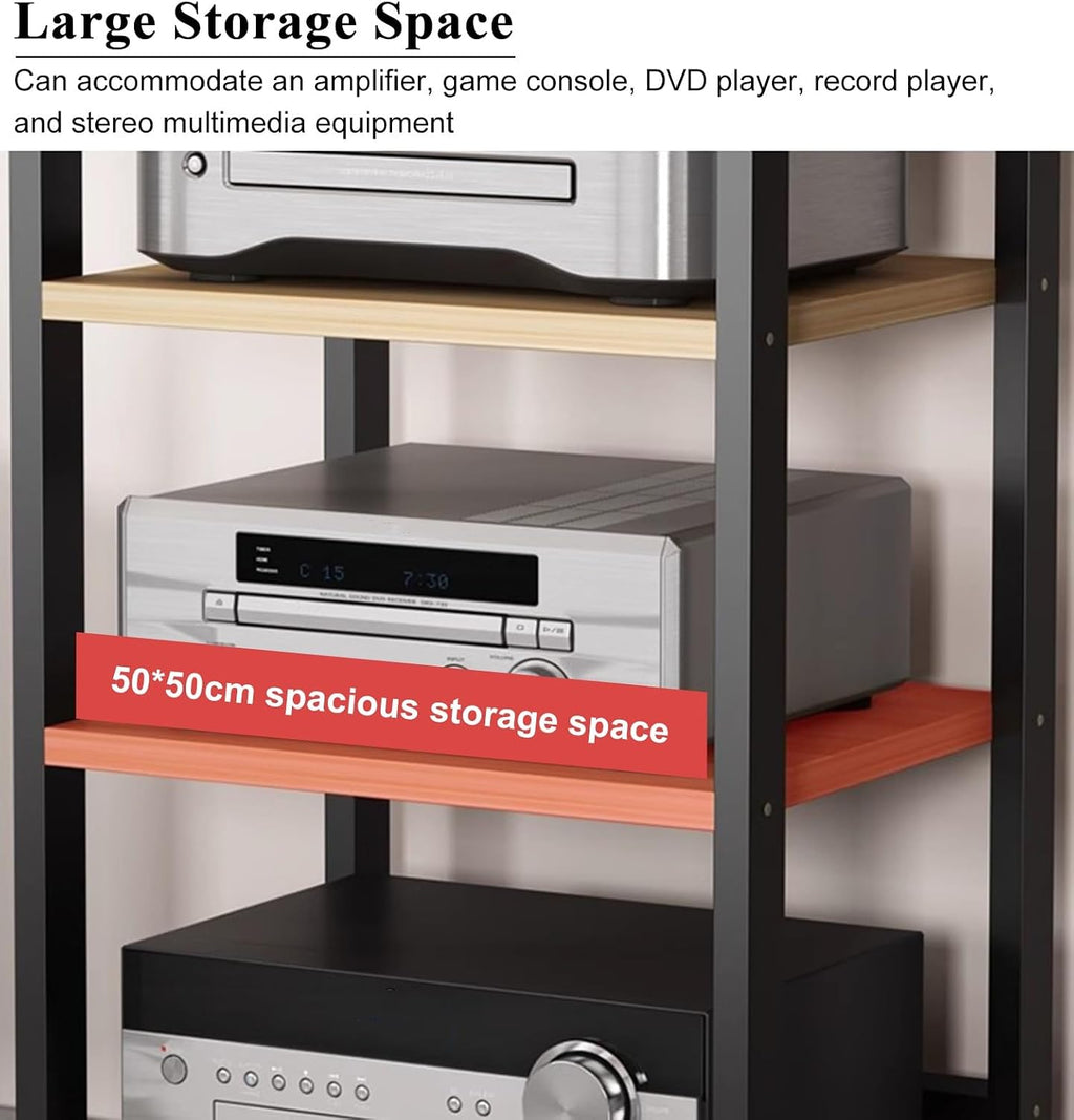 2/3/4/5-Tier Audio Component Rack with Wheels, Heavy Duty AV Media Stand HiFi Amplifier Rack, Home Storage for Record Player, Audio/Video Equipment(Black+Brown,L55xW50xH49cm)