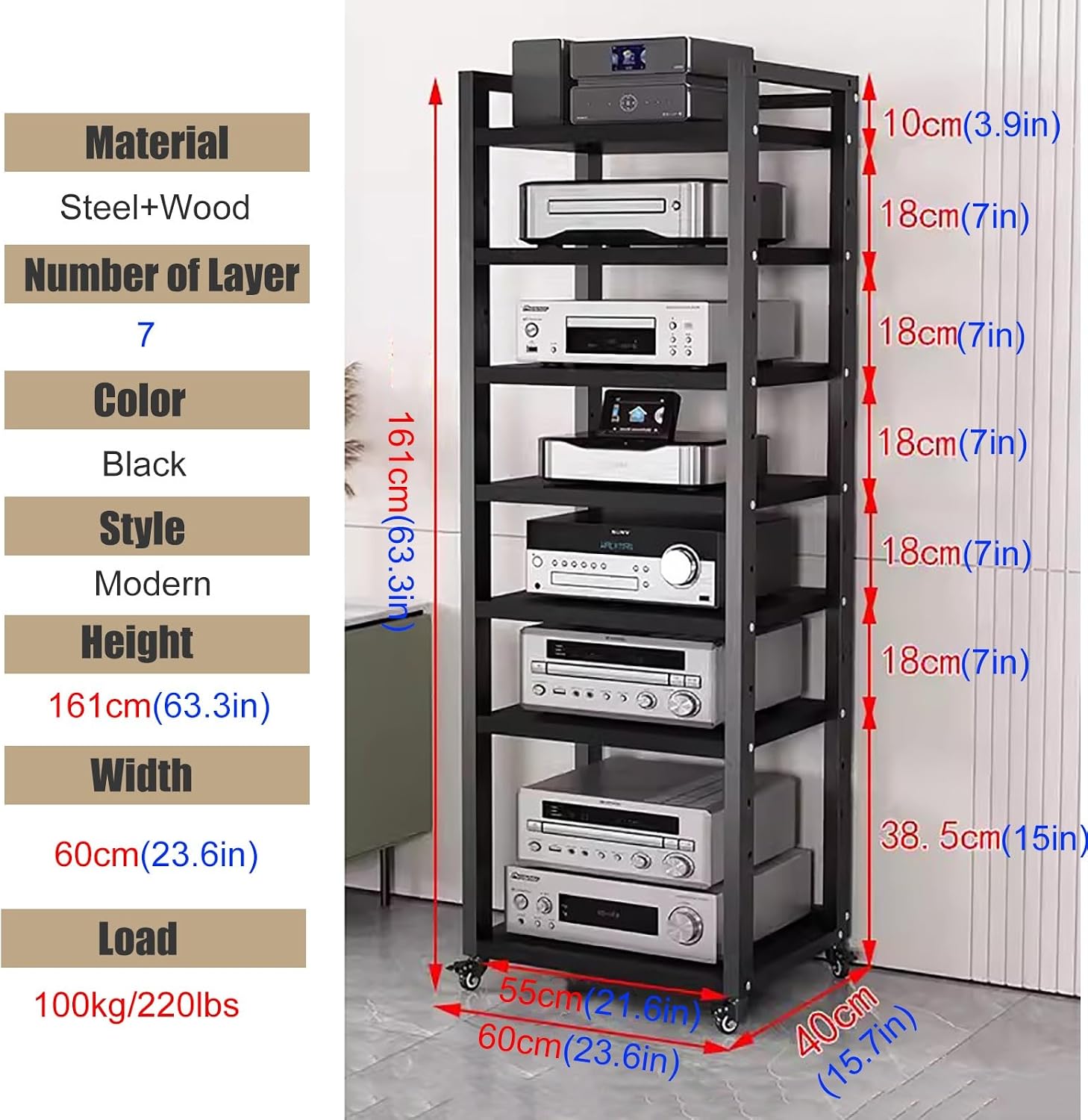 JYHHCYS Tall Stereo Racks and Stands on Wheels Media Storage Cabinet Rack, Black Modern Entertainment Stereo Components Stand, Audio Video Equipment Rack (Size : 7 tier-60cm Wide)