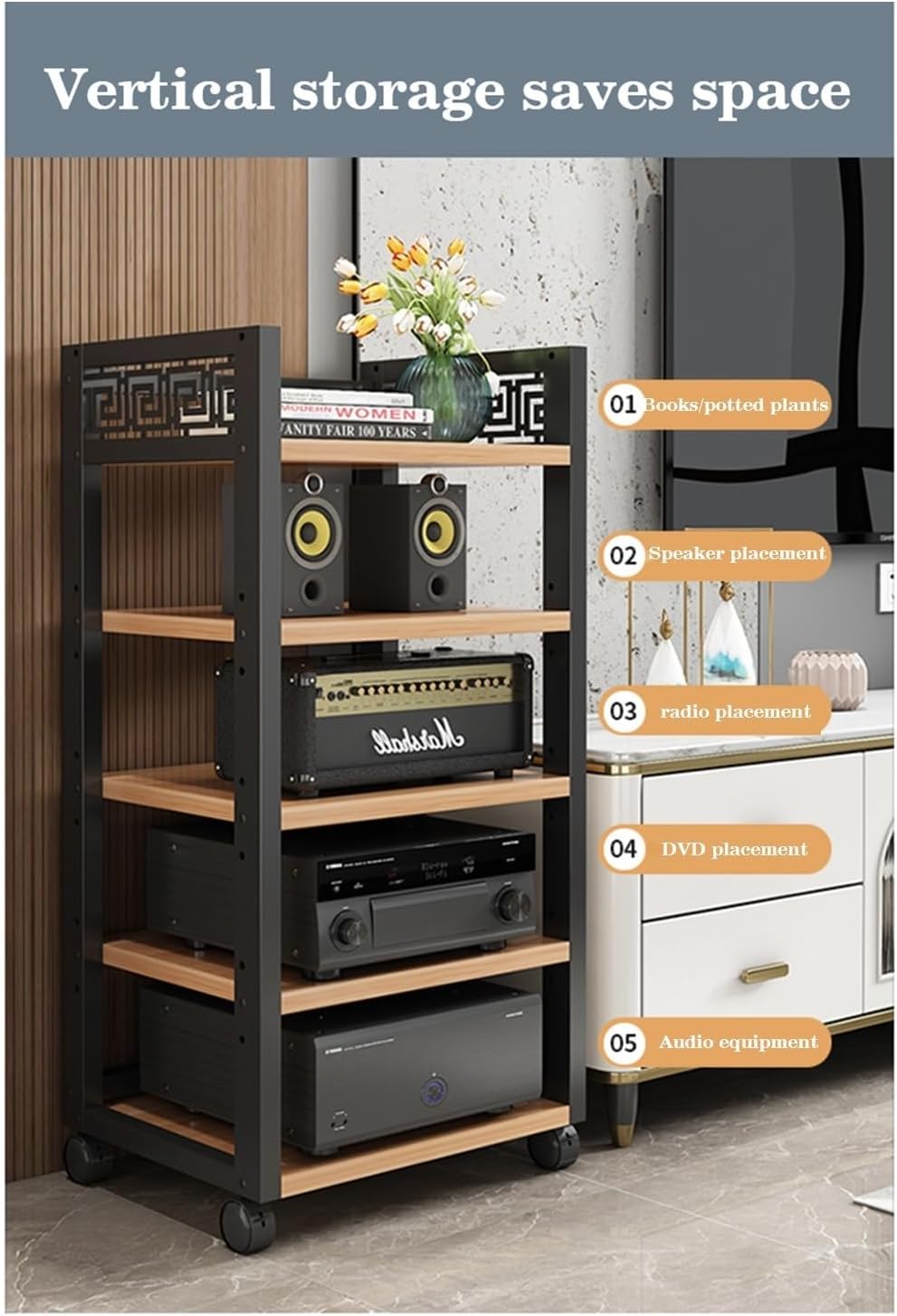 5 Tier Furniture Media Rack DVD CD Player Stand Audio Rack Power Amplifier Equipment Cabinet with Height Adjustable Wooden Shelves Floor Standing Storage Rack(Color-1)