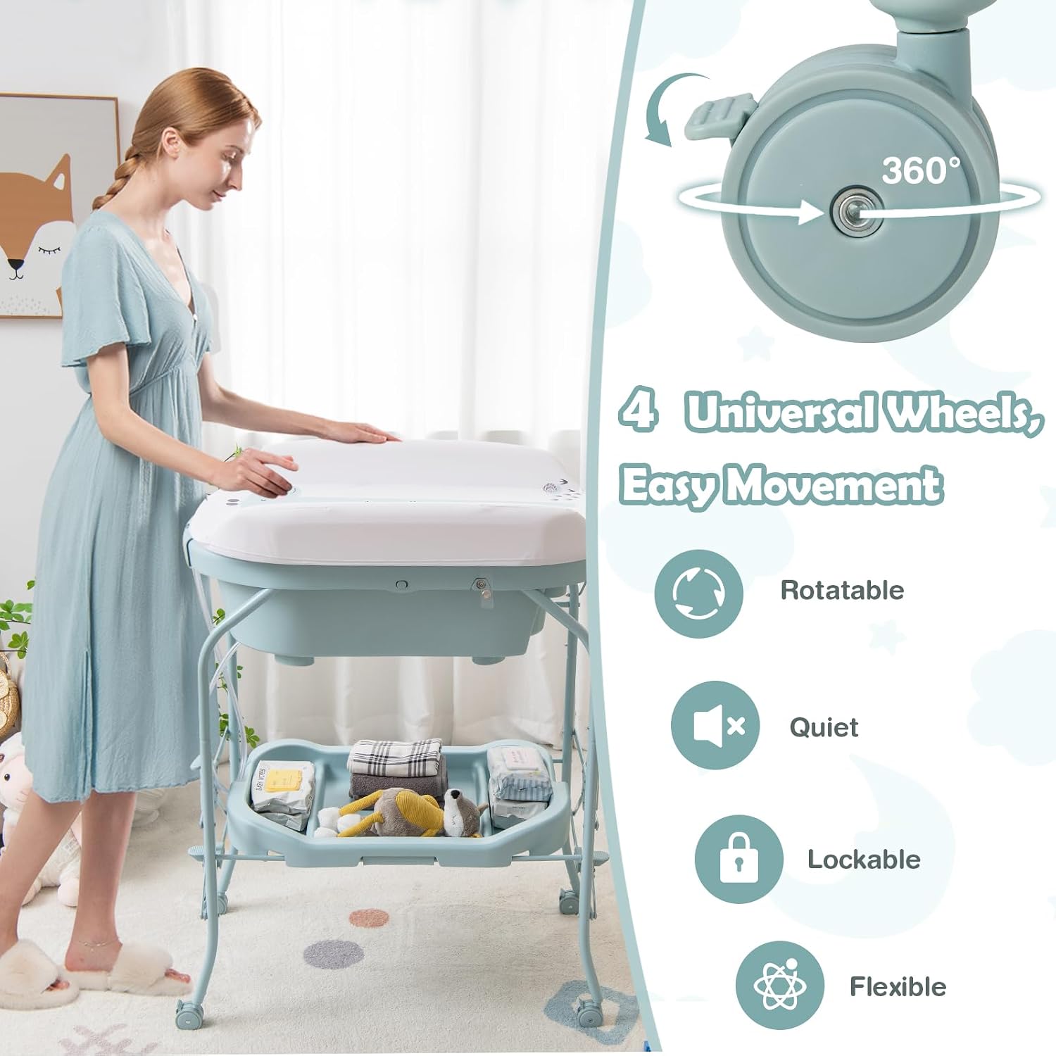 HONEY JOY 2-in-1 Baby Bathtub & Changing Table, Foldable Infant Diaper Changing Station with Wheels, Storage Tray, Waterproof Pad, Portable Newborn Nursery Organizer Bath Stand for Boys Girls (Blue)