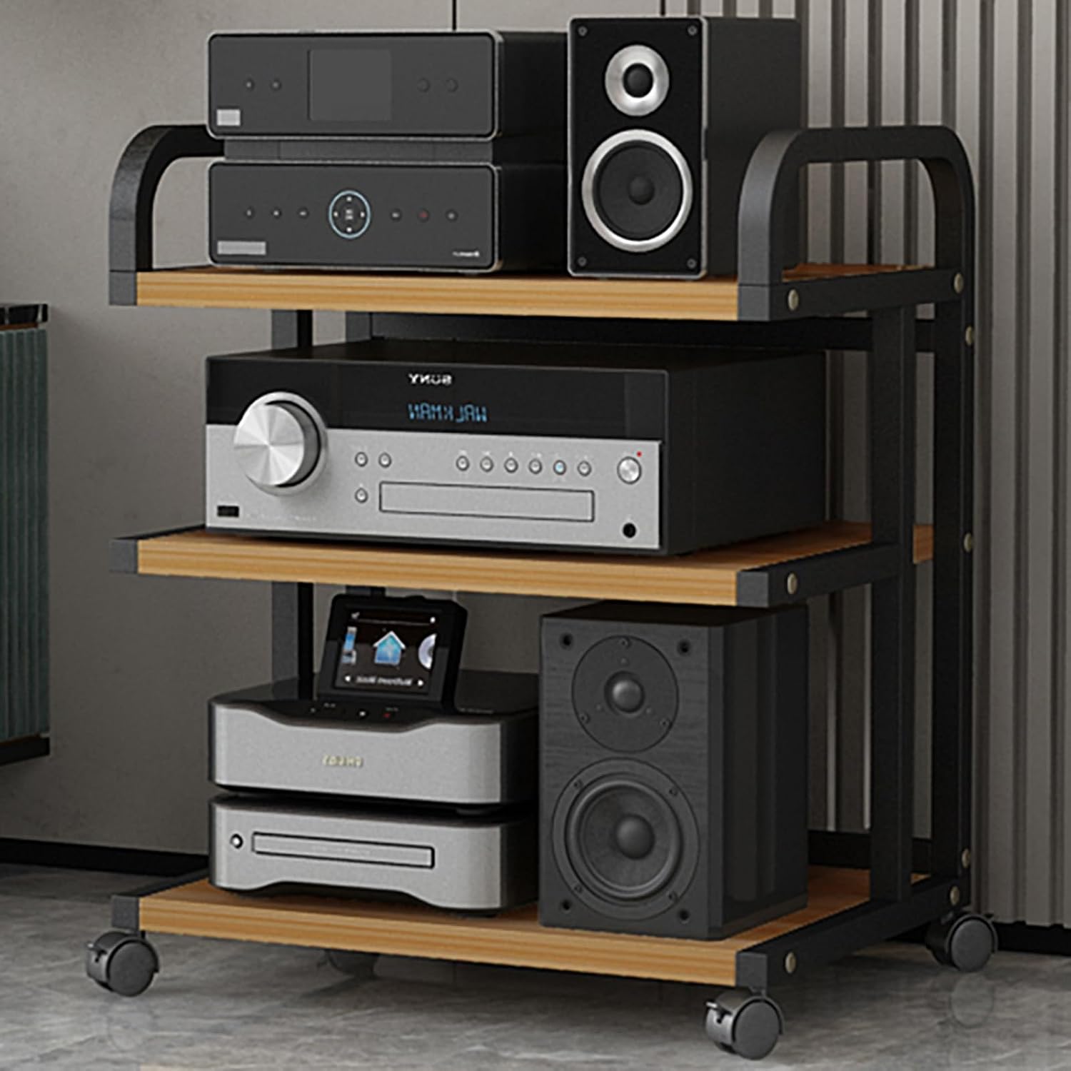 Multimedia HiFi Furniture Stand with Wheels, 3/4/5 Tier Audio Storage Shelf, Carbon Steel Stereo Component Rack for Living Room & Bedroom, 26in Height