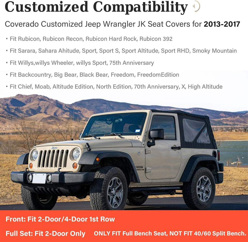 Coverado Seat Covers Full set for Jeep Wrangler, Waterproof Car Seat Covers for Truck Automotive Seat Covers Custom Fit for 2013-2017 Jeep Wrangler JK 2-Door, Full Coverage Wrangler Seat Covers(Black)