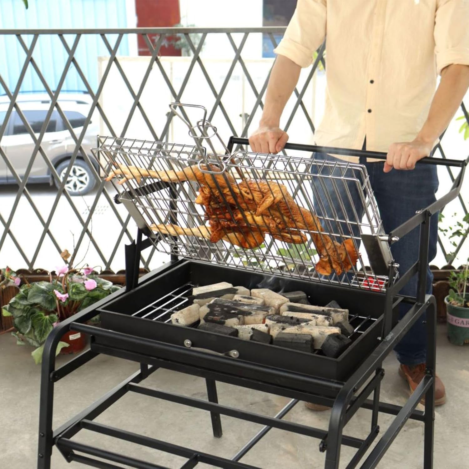 Extra Large Charcoal Grill, 360° Rotating Charcoal Grill, Portable Smoker Stainless Steel Grill With Liftable Charcoal Brazier, Camping Grill