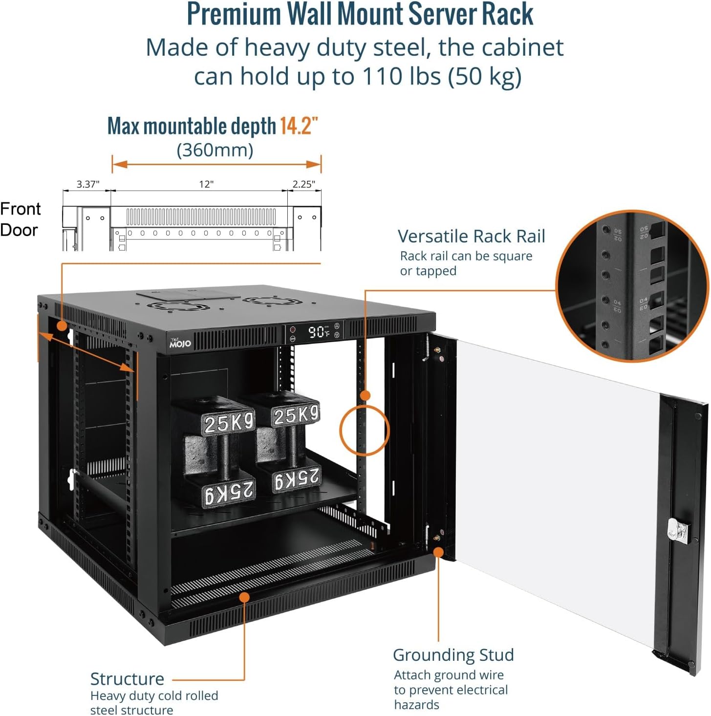 Tecmojo 9U Wall Mount Rack with Thermostat, 17.7inch Depth Enclosed Server Cabinet with 2 Cooling Fans,Lockable Door & Hardware,9U Rack for 19inch Equipments,Glass Door