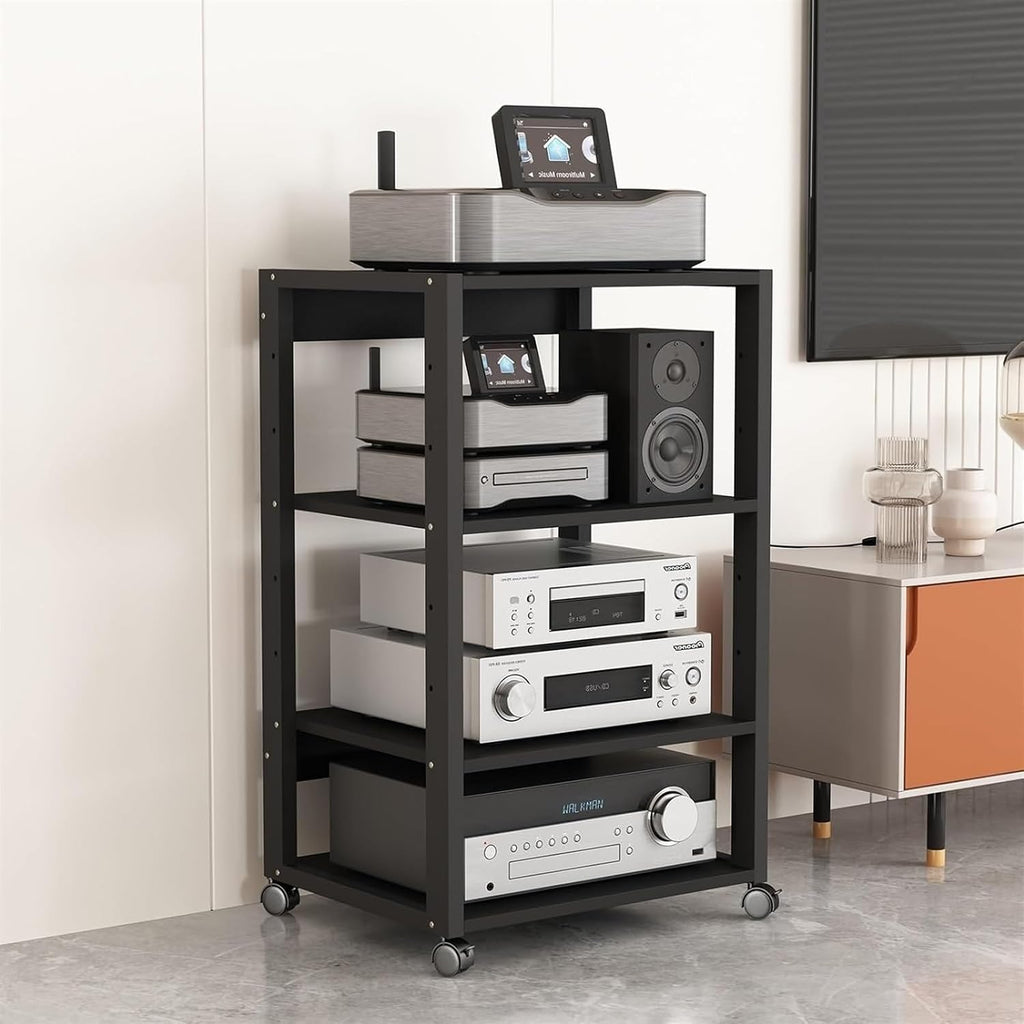WDJBPSH Home Theater Equipment Storage Rack, 43.3inch Tall Audio-Video Media Stand with Adjustable Shelf & Brake Wheels, Freestanding Corner Entertainment Center(5 Tier - H 131cm/51.5 in)