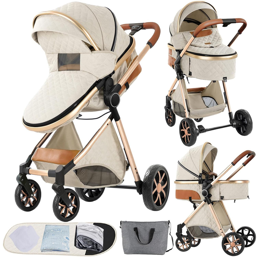 2 in 1 Baby Stroller Convertible Reversible Standard Pram Portable Pushchair Infant Buggy Baby Carriage Foldable High Landscape Pram for Toddler Newborn (225 Creamy White)