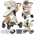 2 in 1 Baby Stroller Convertible Reversible Standard Pram Portable Pushchair Infant Buggy Baby Carriage Foldable High Landscape Pram for Toddler Newborn (225 Creamy White)