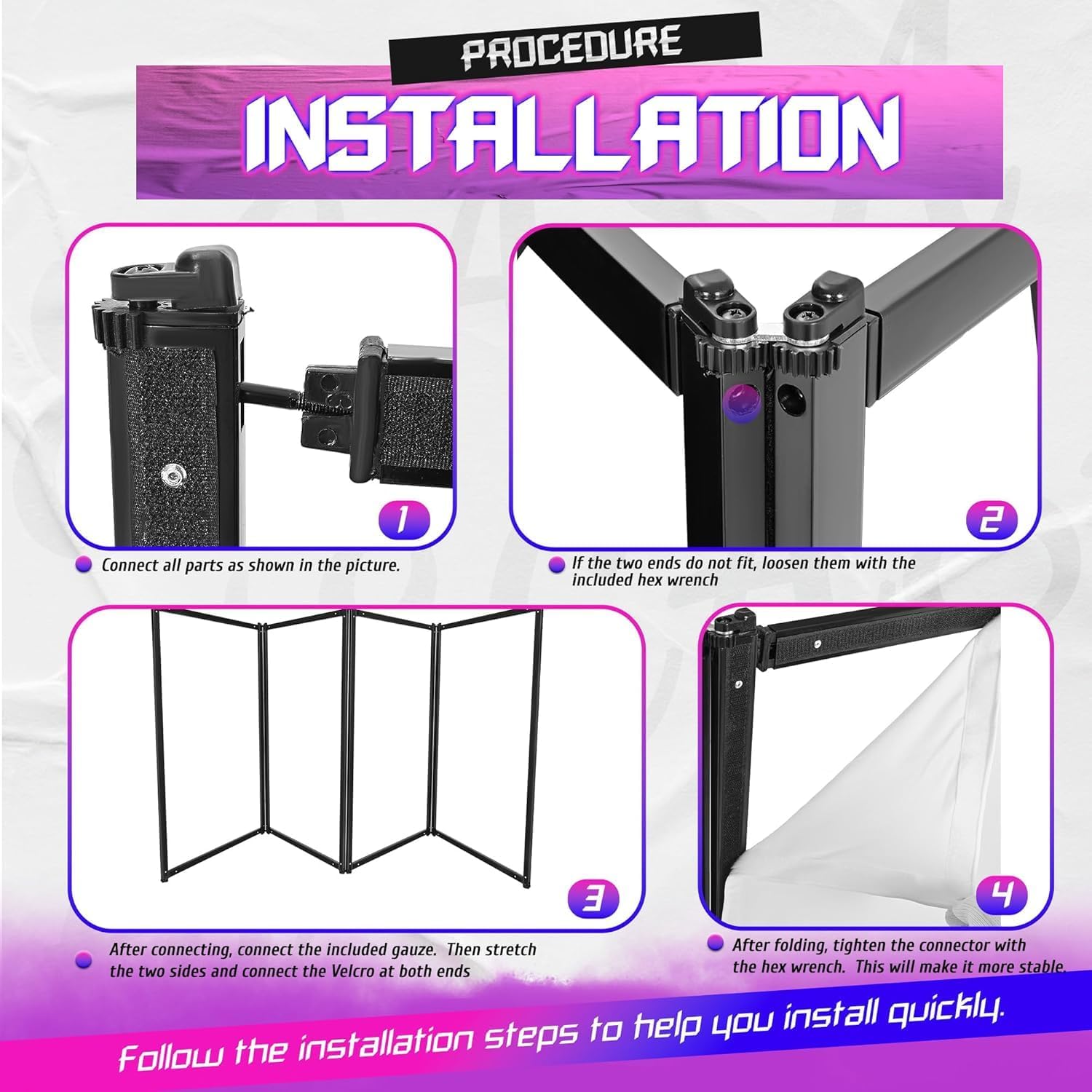 HECASA DJ Facade Booth Portable Event Cover Screen, Black Steel Frame, 4 White Foldable Detachable Panels Light Projector Display Scrim Panel White w/Carry Bag