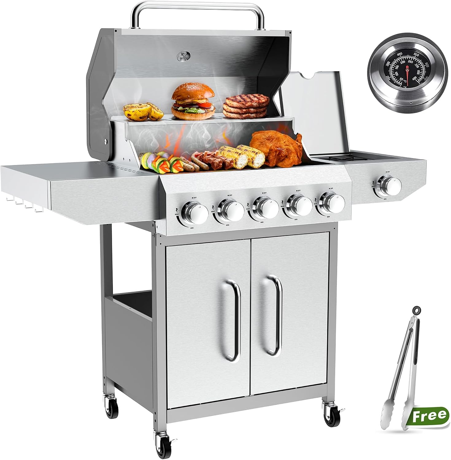 BESTFIRE 68,000 BTU 5+1 Burner Propane Grill - Stainless Steel BBQ with 647 sq in UPGRADED OIL-DRAIN Plates, Cast Iron Grates, Side Burner + FREE Food Clip for Outdoor Cooking