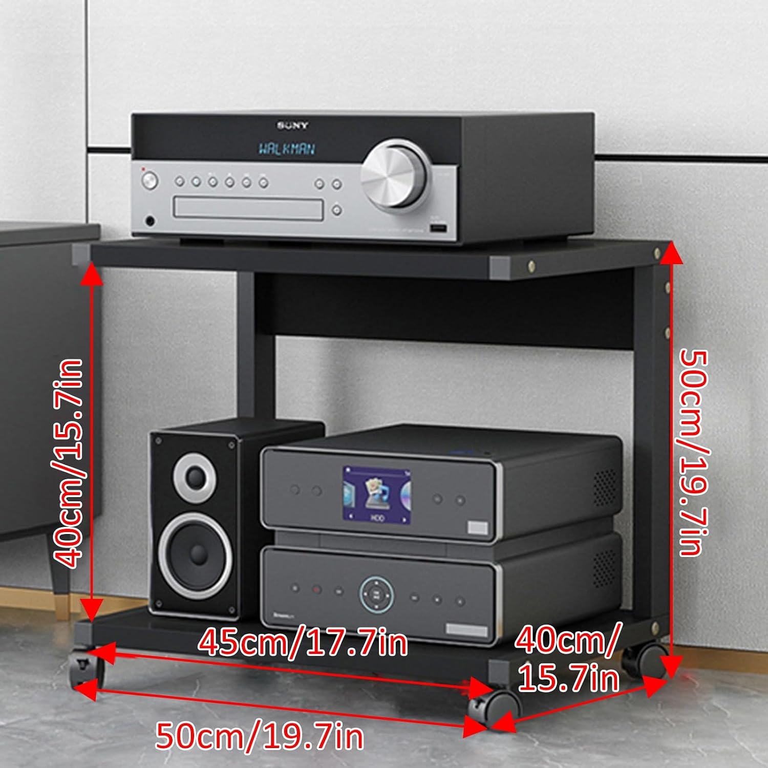 Modern 2-Tier AV Media Stand with Wheels - Height Adjustable Wooden Shelves, Corner Shelf Media Console Cabinet, Stereo Rack & Storage in Deep Black (50x40cm)