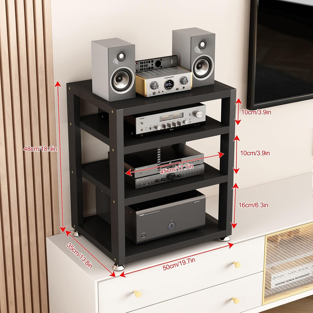 Audio Rack AV Media Stand Wooden Record Player Stand Equipment Console Shelf, for Entertainment Stereo Racks Component Storage and Collection Display(Black,48cm/18.9in)