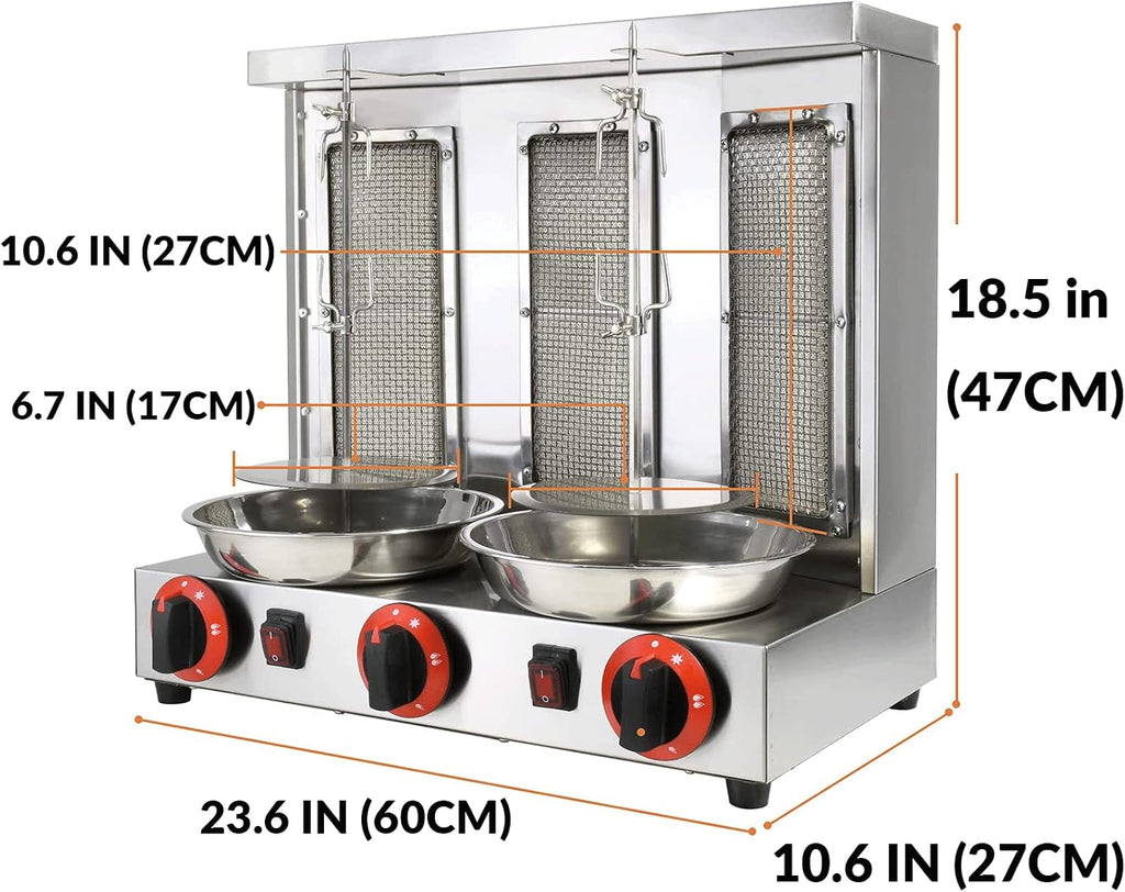 Shawarma Machine 3 Burners Kebab Grill Vertical Rotisserie with 2 Auto Spinning spits for Meat Rotisserie, Chicken Roast, Silver