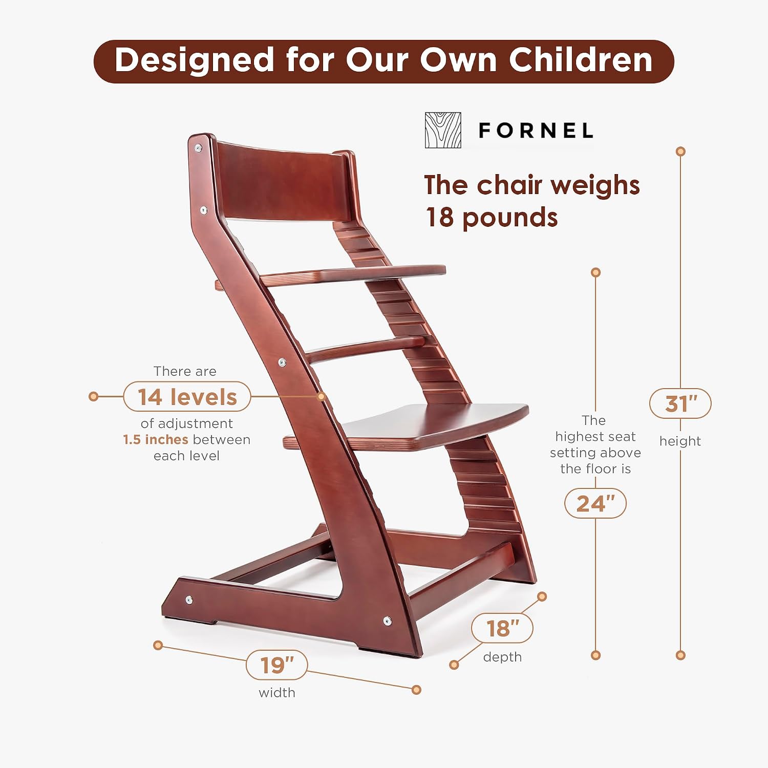 FORNEL Adjustable High Chair in Dark Walnut Finish | The Forever Chair that Grows from Toddler to Adult | Premium Solid Wood Construction