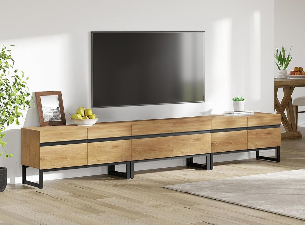 WAMPAT Modern TV Stand for 32-110 Inch TVs, Wood Entertainment Center with Metal Base Storage Cabinets, Media TV Console for Living Room, Oak, 3Pcs