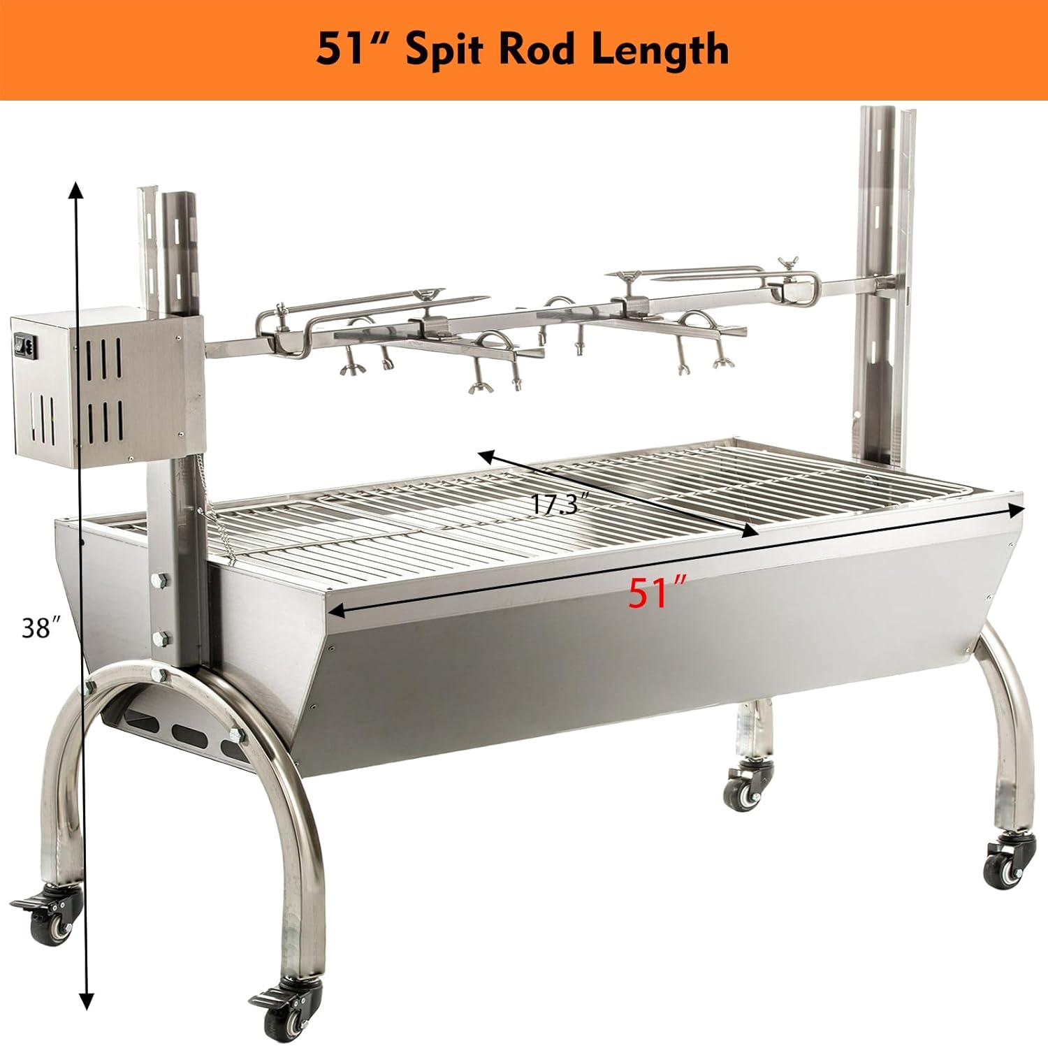 DEWOSEN 50W Rotisserie Grill Roaster 51 Inch BBQ Outdoor Small Pig Lamb Rotisserie Roaster 132LBS/60KG Stainless Steel Charcoal Spit Rotisserie Roaster Grill Great for Camping Outdoor Barbecue