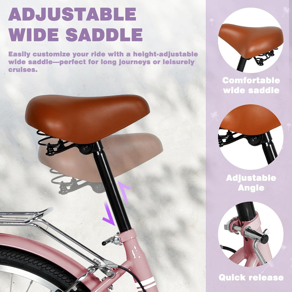 Max4out Women Bike Beach Cruiser Bike for Adult, 24 & 26 Inch Comfort Bikes with Rattan Front Basket, Womens Bicycle with Adjustable Seat and Dual V-Brake (Pink & White & Green & Purple & Black)