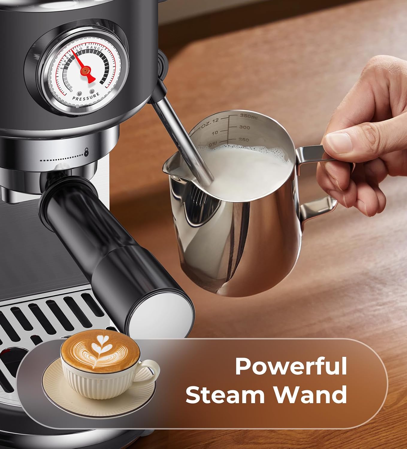 atatix 20 Bar Espresso Machine with Milk Frother, Compact Espresso Maker, Stainless Steel Coffee Machine with Precise Temp Control & 44oz Removable Water Tank for Latte, Cappuccino, Dark Grey