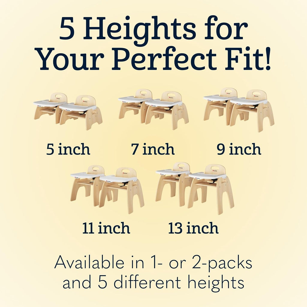 Foundations Easy Serve Low Wood Feeding Chairs Multipack, Adjustable Harness, Removable Dishwasher Safe Tray, No-Tip Base, Stackable Toddler Chairs, 2 Pack, 5 inch