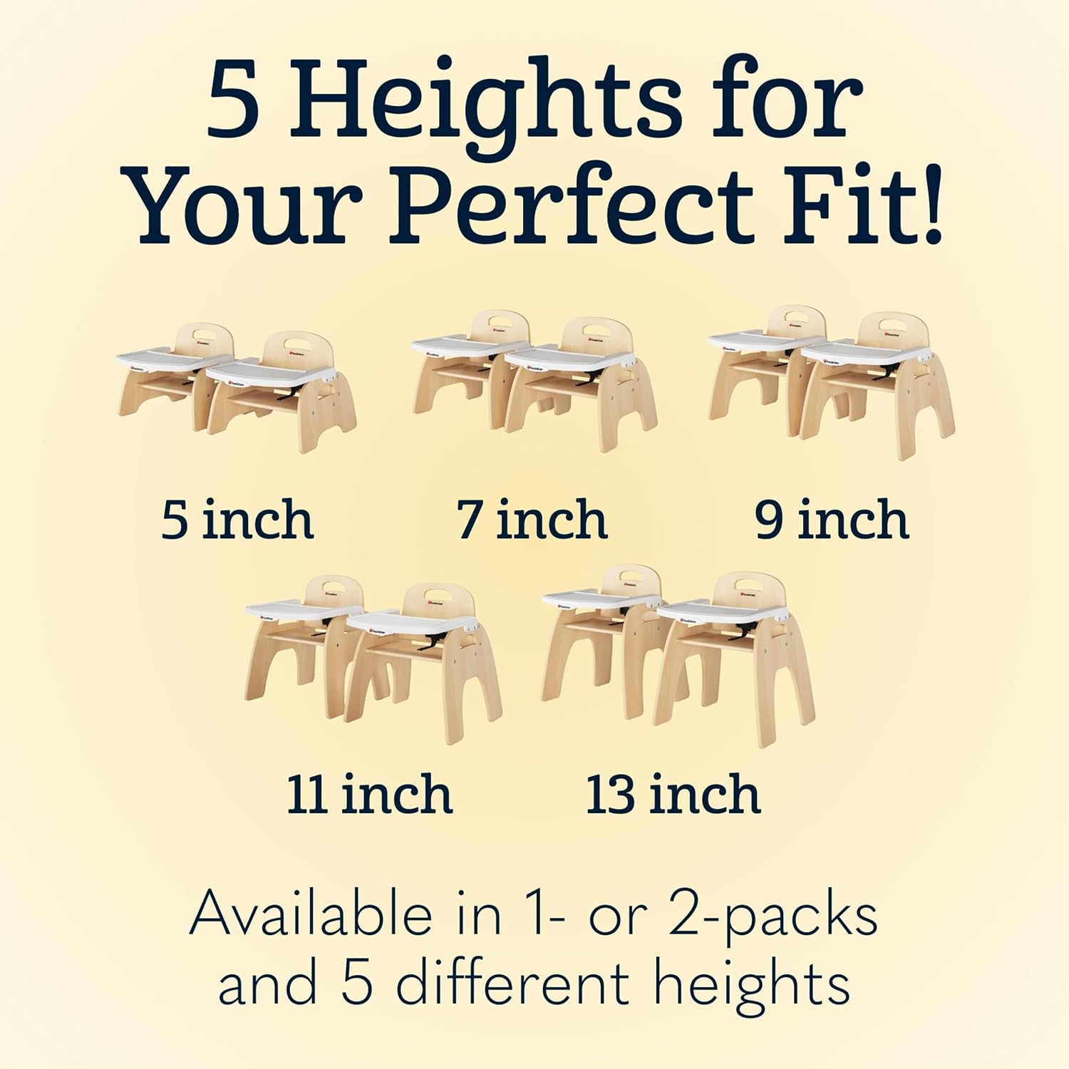 Foundations Easy Serve Low Wood Feeding Chairs Multipack, Adjustable Harness, Removable Dishwasher Safe Tray, No-Tip Base, Stackable Toddler Chairs, 2 Pack, 5 inch