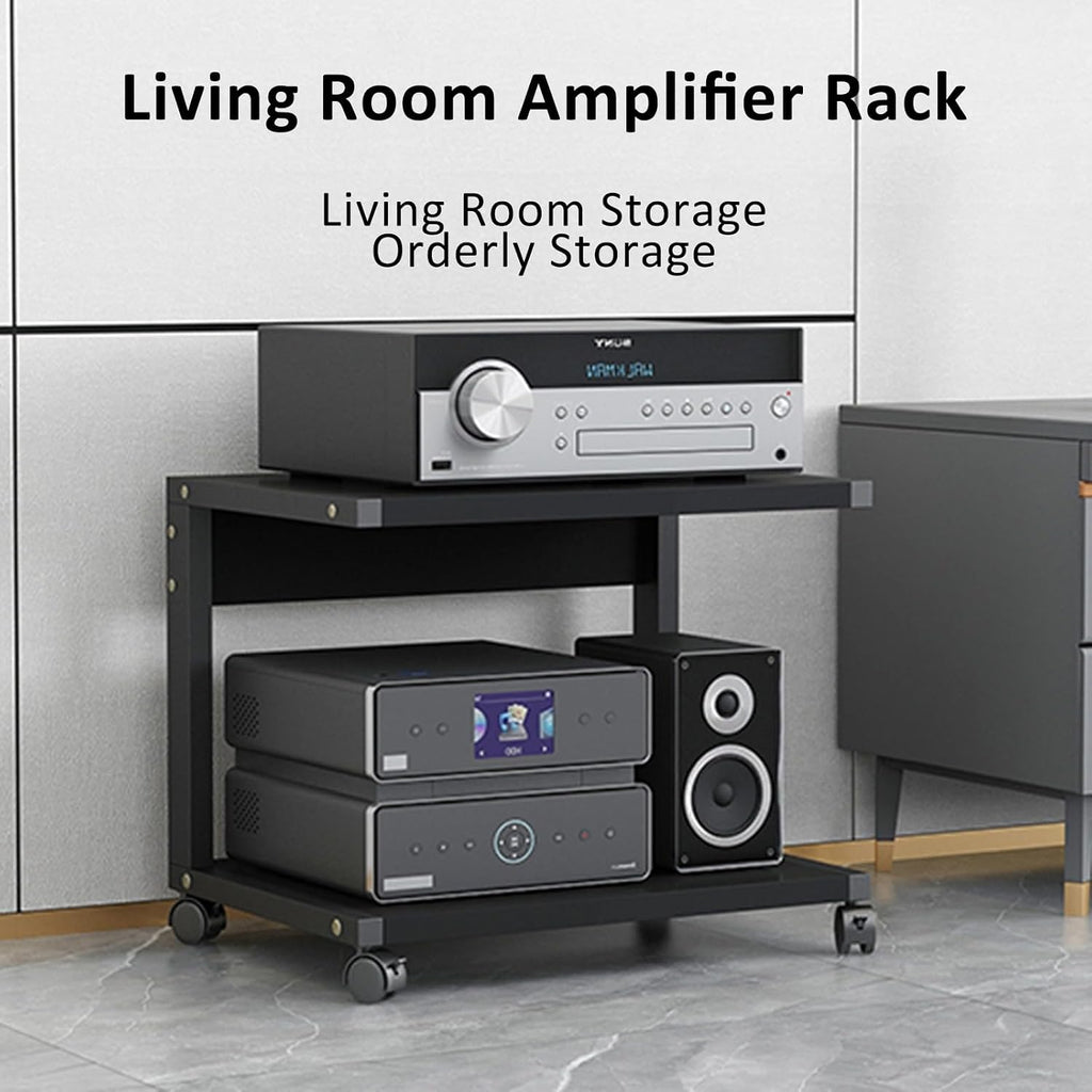 Modern 2-Tier AV Media Stand with Wheels - Height Adjustable Wooden Shelves, Corner Shelf Media Console Cabinet, Stereo Rack & Storage in Deep Black (50x40cm)